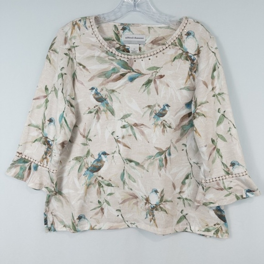 Alfred Dunner Bird Print 3/4 Flutter Sleeve Top Petite Small Crochet Embellished